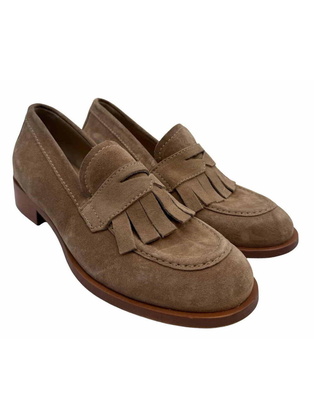 La Canadienne Suede Leather Fringe Loafers Beige Size US 11